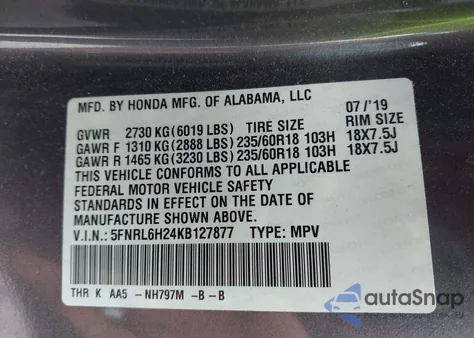 2019 Honda Odyssey Lx z USA, uszkodzony, nr VIN 5FNRL6H24KB127877